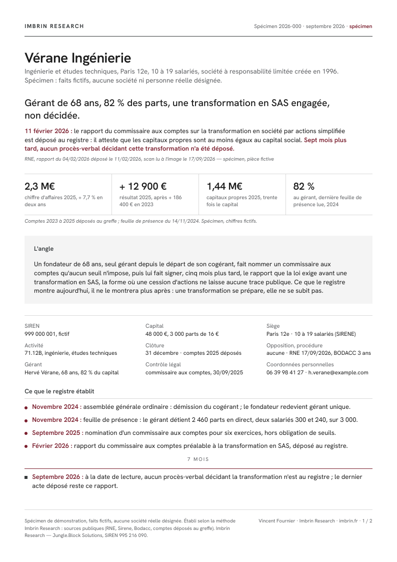Page 1 du dossier spécimen Vérane Ingénierie : le fait daté, les chiffres clés, l’angle, l’identité et ce que le registre établit.