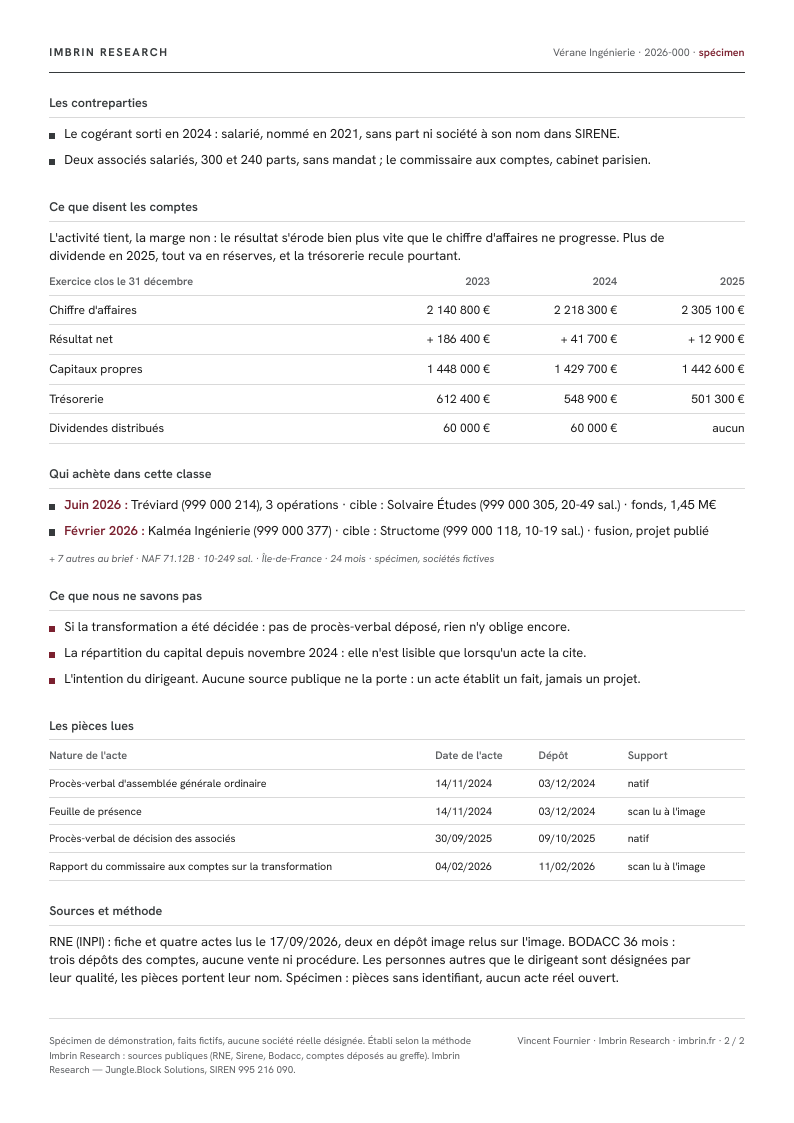 Page 2 du dossier spécimen Vérane Ingénierie : les contreparties, les comptes, qui achète dans cette classe, ce que nous ne savons pas, les pièces lues, sources et méthode.